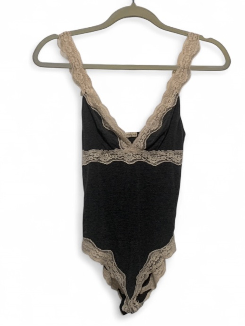 Lace-Trim V-Neck Teddy Bodysuit in Black and Cream